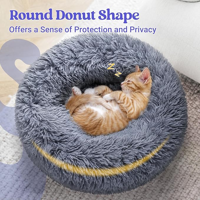 rabbitgoo Cat Beds for Indoor Cats, 20 inches Cat Bed Machine Washable, Fluffy Round Pet Bed Non-Slip, Calming Soft Plush Donut Cuddler Cushion Self Warming for Small Dogs Kittens, Dark Grey, Medium