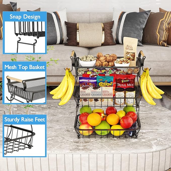 ANTOPY 3 Tier Fruit Basket with 2 Banana Hangers, Countertop Fruit Vegetable Basket Bowl for Kitchen Counter Metal Mesh Basket Fruits Stand Produce Holder Organizer for Onion Potato Bread Snack Veggie
