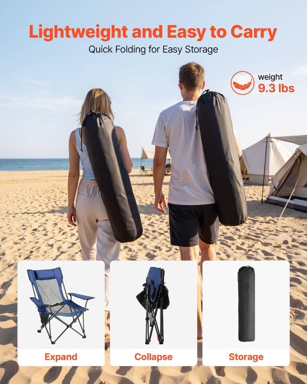 VEVOR 2-in-1 Reclining Camping Chair with Footrest for Adults, 4 Adjustable Positions, Portable Folding Lounger, Lightweight Mesh Beach Chair Supports 300lbs, Heavy Duty Camp Chairs Outdoor, Blue