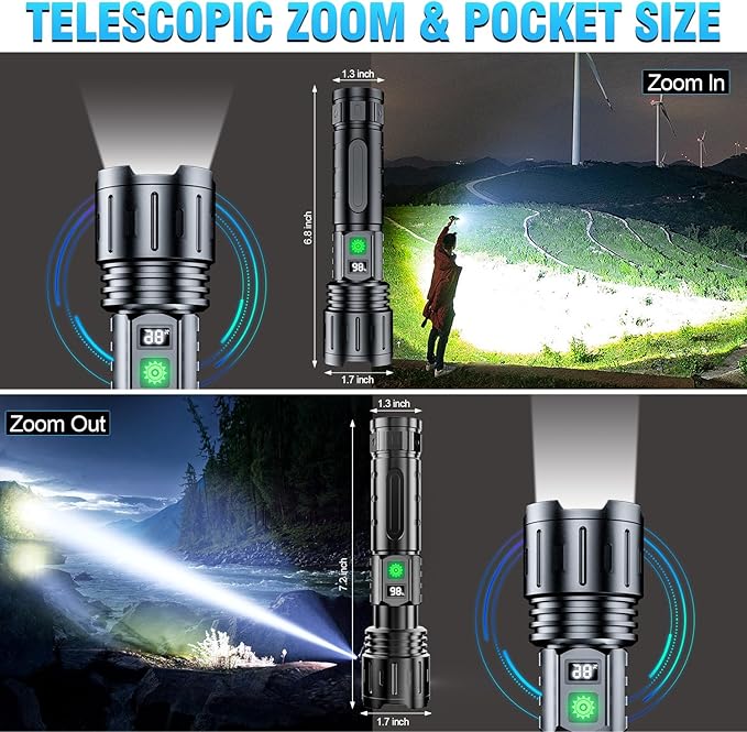 Rechargeable Flashlights High Lumens - 2000 Lumens Long Beam Super Bright LED Flash Light with Power Display & IPX5 Waterproof for Camping, 20H Runtime,5 Modes,Zoomable Handheld Flashlight, 4pcs