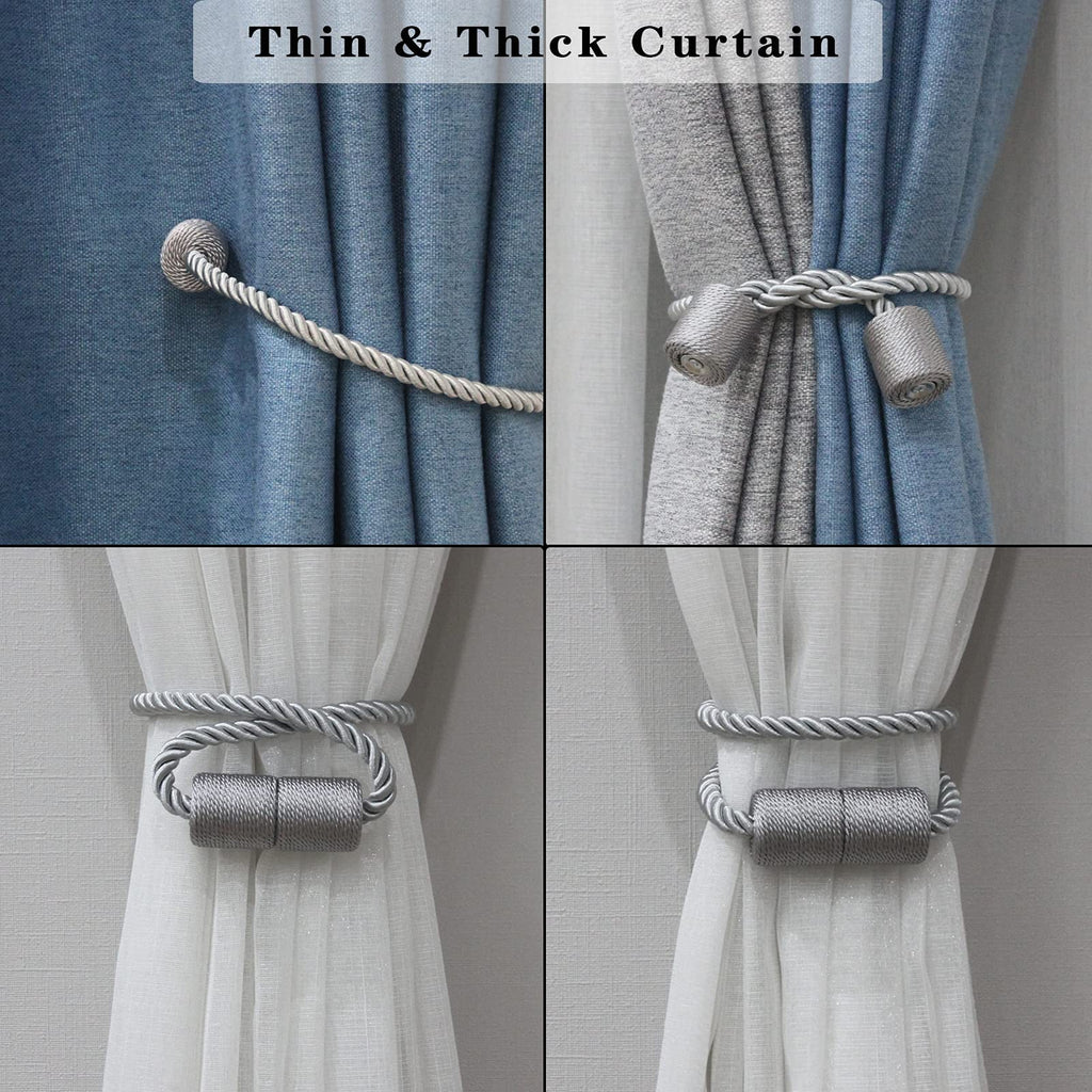 2 Pack Grey Strong Magnetic Curtain Tiebacks Outdoor Elegant Decorative Tie Backs Modern Rope Tiebacks for Drapes Window Curtain Holdbacks for Draperies (2 Count)