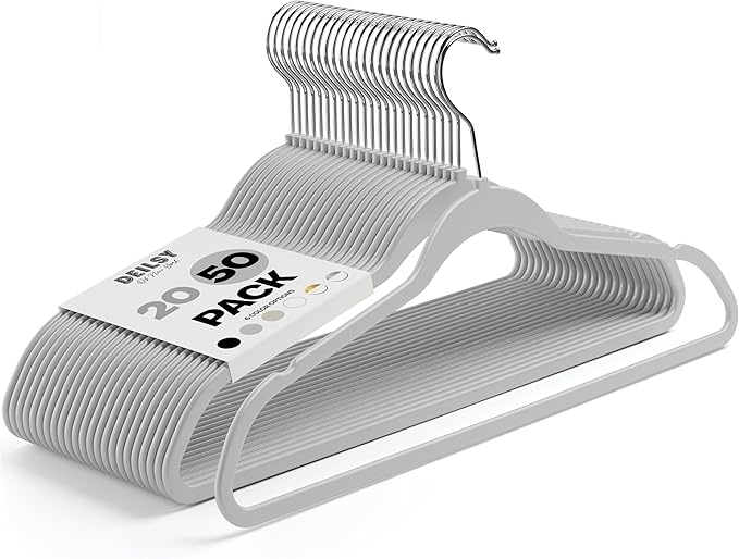 DEILSY™ Gray Hangers 50 Pack - Non Velvet Slim Hangers - Durable Hanger Space Saver for Closet Organization, Shirts, Dresses, Jackets, Pants, Adult Clothes Storage Solution