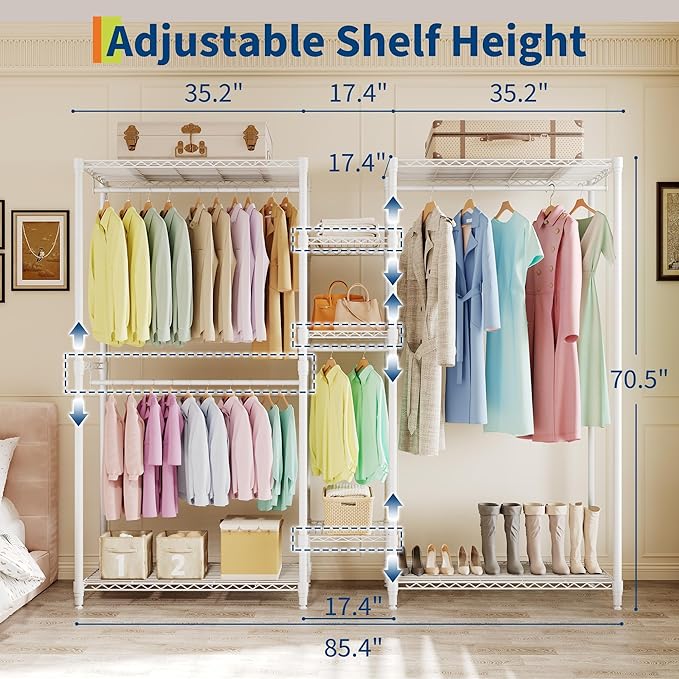 Freestanding Heavy Duty Garment Rack with Adjustable Shelves and Hanging Rods, Large 1630 Lbs Capacity Portable Closet Organizer for Bedroom or Cloakroom Storage, White