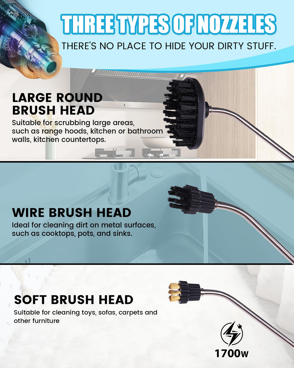 1700W Tankless Handheld Steam Cleaner with 7 Brushes 20s Heating to 239℉ Pressurized Portable Steam Cleaner