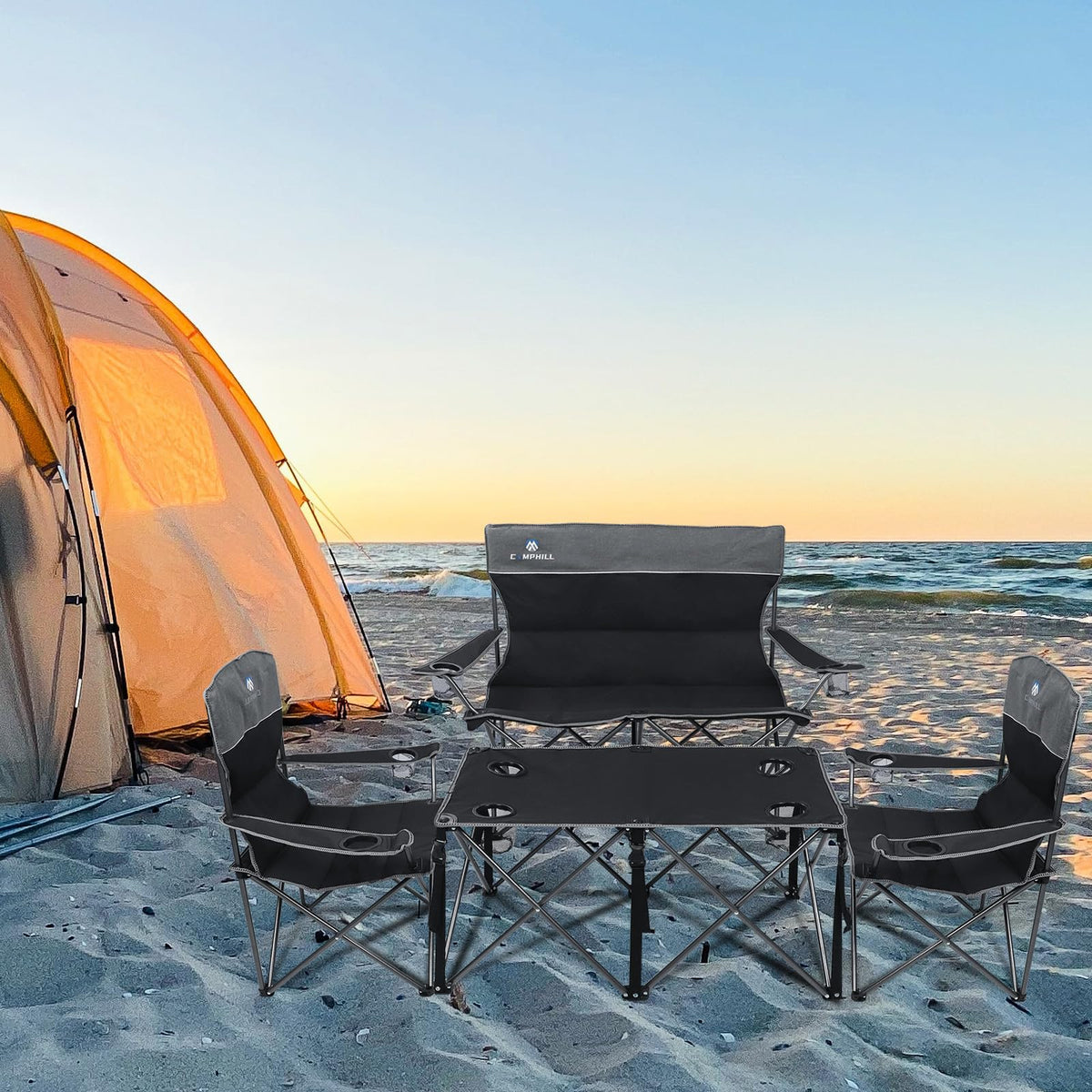CAMPHILL Camping Chair Set of 4 - Outdoor Folding Chairs With Table, Heavy Duty Lawn Chair With Cup Holder, Collapsible Set Include One Sofa Chair, Two Single Chairs and Table