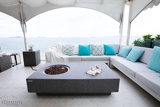 Elementi | Metropolis Gas Fire Pit Cast Concrete 56" Rectangular Fire Table, Outdoor Fire Pit Electronic Ignition | Canvas Cover, Lava Rock Included | Light Gray (Propane Gas)