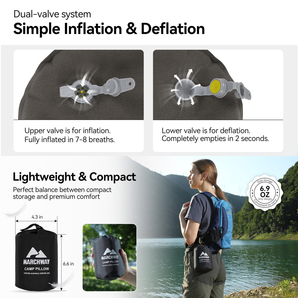MARCHWAY Inflatable Camping Pillow with Soft Foam Top & TPU Air Bladder, Dual-Sided Support for All-Season, Lightweight Compact Travel Pillow for Hiking, Backpacking, Airplane, Car (Green)