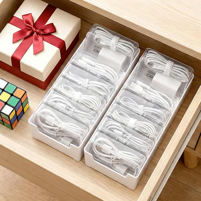 3 PCS Cable Organizer Box with 21 Clear Switch Case, Charger Cord Organizer Box for Home Office Desk Storage Accessories