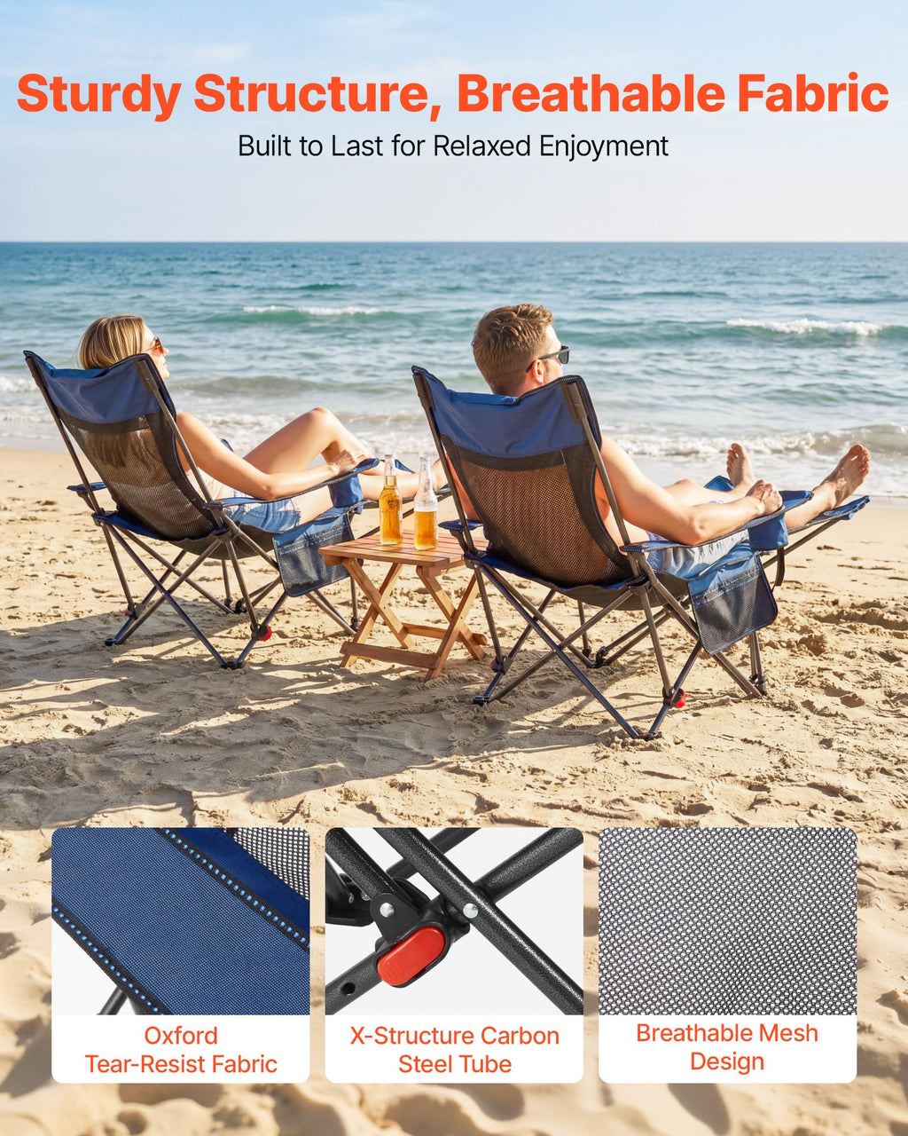 VEVOR 2-in-1 Reclining Camping Chair with Footrest for Adults, 4 Adjustable Positions, Portable Folding Lounger, Lightweight Mesh Beach Chair Supports 300lbs, Heavy Duty Camp Chairs Outdoor, Blue