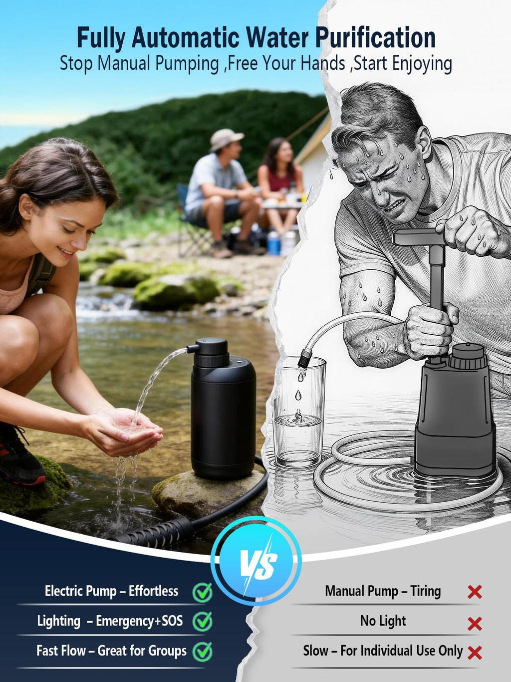 Electric Portable Water Filter for Camping, Hiking, Backpacking, Travel & Emergency Preparedness – Water Purifier for Outdoor Survival Gear – 6-Stage Filtration System with LED Light
