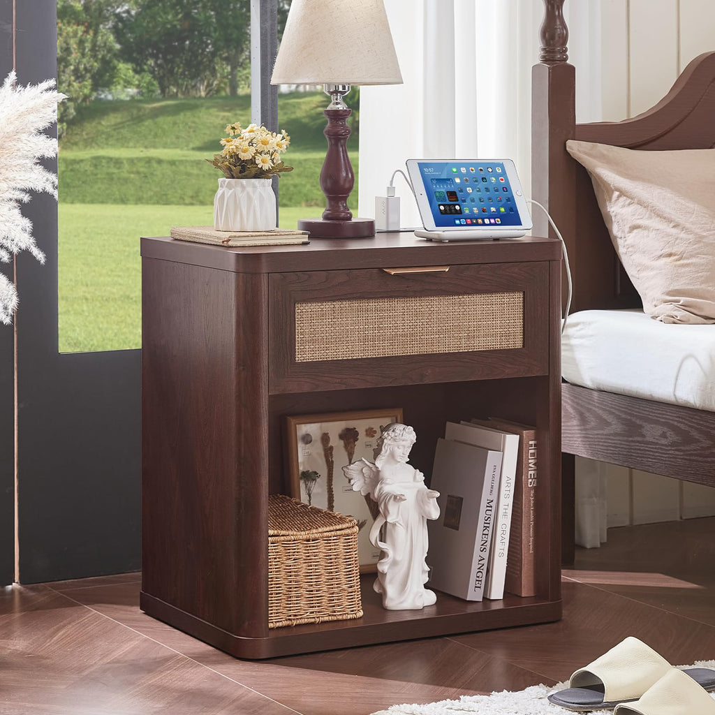 Rattan Nightstands Set of 2 with Charging Station (2 Count)