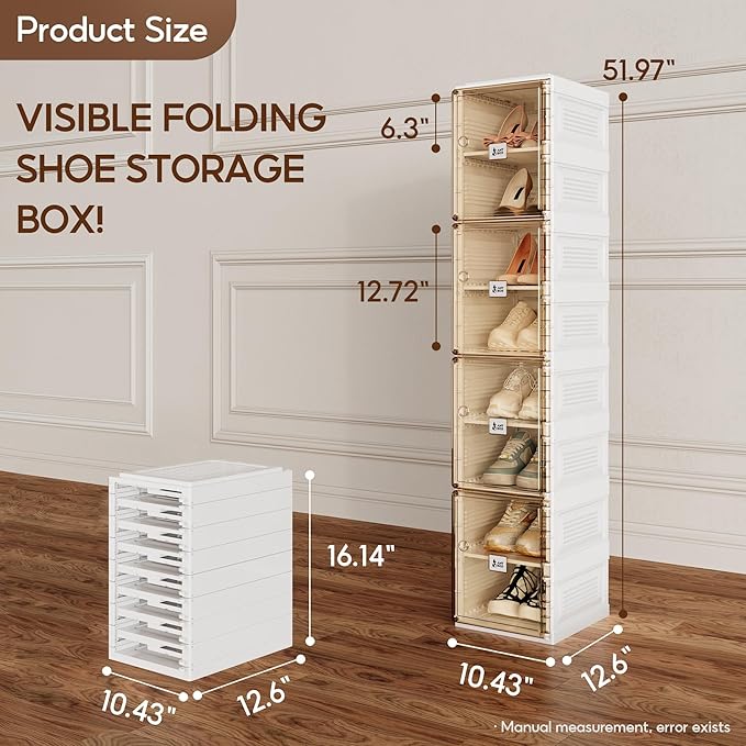 ANTBOX Shoe Organizer Storage Box, Portable Folding Shoe Rack for Closet with Magnetic Clear Door,Large Sneaker Cabinet Bins Sturdy Easy Assembly 8 Layers-8 Grids