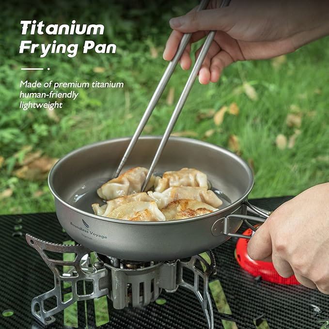 iBasingo 18cm Camping Frying Pan Titanium Skillet Saucepan Outdoor Cookware Lightweight Griddle Portable Plate with Foldable Handle Travel Picnic Hiking Backpacking Cooking Kit for 1 Person Ti2063C