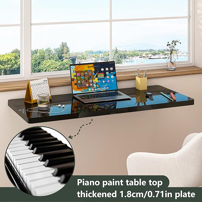 Clikuutory Wall Mounted High Gloss Folding Table 39.4" L x 19.7" W, Laundry Folding Table for Laundry Room, Home Office, Kitchen, Bedroom, Home Bar, Wall Desk Fold Down for Small Spaces, Black