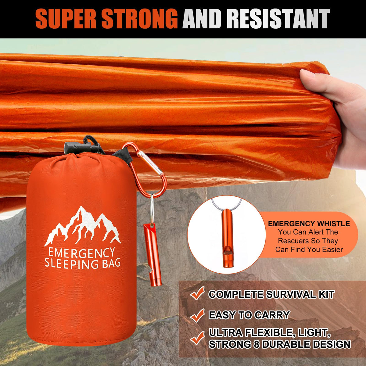 Oudain 6 Pcs XL Emergency Sleeping Bag 94.5" x 49.2" Waterproof Survival Sleeping Bag with Whistle Carabiner Portable Thermal Bivy Sack Emergency Blankets for Camping Hiking Outdoor (Orange)