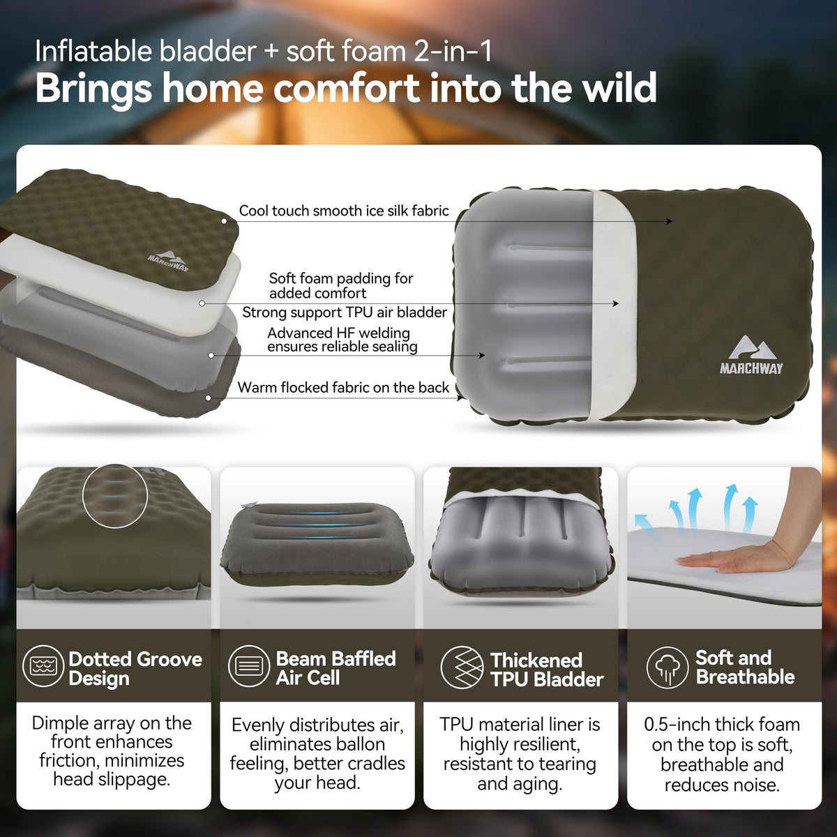 MARCHWAY Inflatable Camping Pillow with Soft Foam Top & TPU Air Bladder, Dual-Sided Support for All-Season, Lightweight Compact Travel Pillow for Hiking, Backpacking, Airplane, Car (Green)