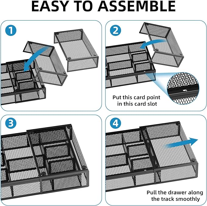 Marbrasse Expandable Desk Drawer Organizer, Mesh Drawer Organizer Tray with 10 Adjustable Compartments, Desk Organizers and Accessories for Office Supplies (Longer Expandable Drawer Organizer-B)