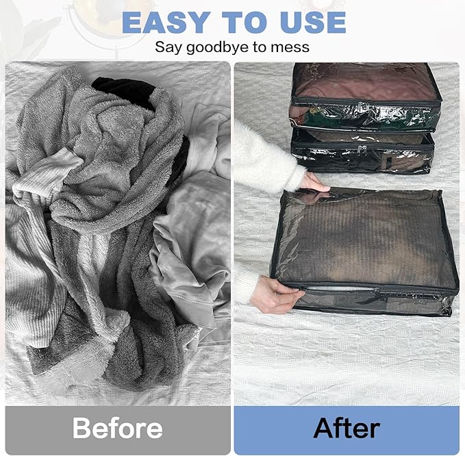 Clear Zippered Storage Bags Plastic Sweater Storage Bags with Zipper 6 Packs Clothing Organizer for Blankets Linen Sweater Bed Sheet Quilt Clothes Pillow (12 x 12 x 12 Inch, Black)