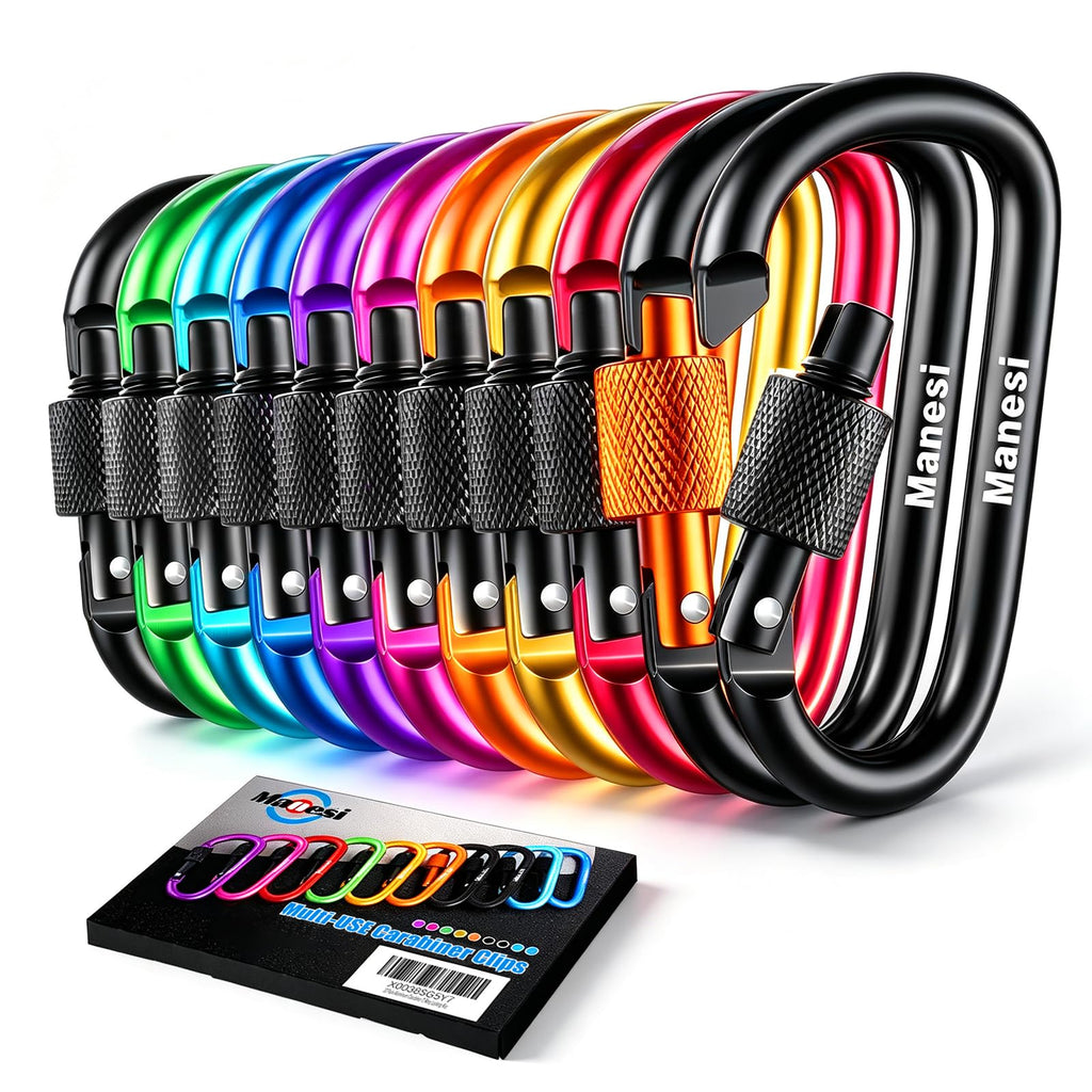 10 Pack Aluminum D Ring Key Rings Hiking Clips Locking Carabiner for Hiking Camping Fishing and Outdoor Use，Clips with Screw Gate Multicolored