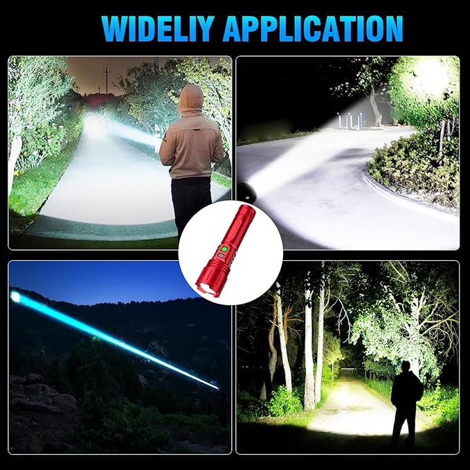 Flashlights High Lumens Rechargeable - 1500 Meters Long Beam Super Bright LED Flash Light with Power Display & IPX5 Waterproof for Camping, 20H Runtime,5 Modes,Zoomable Handheld Flashlight -Red
