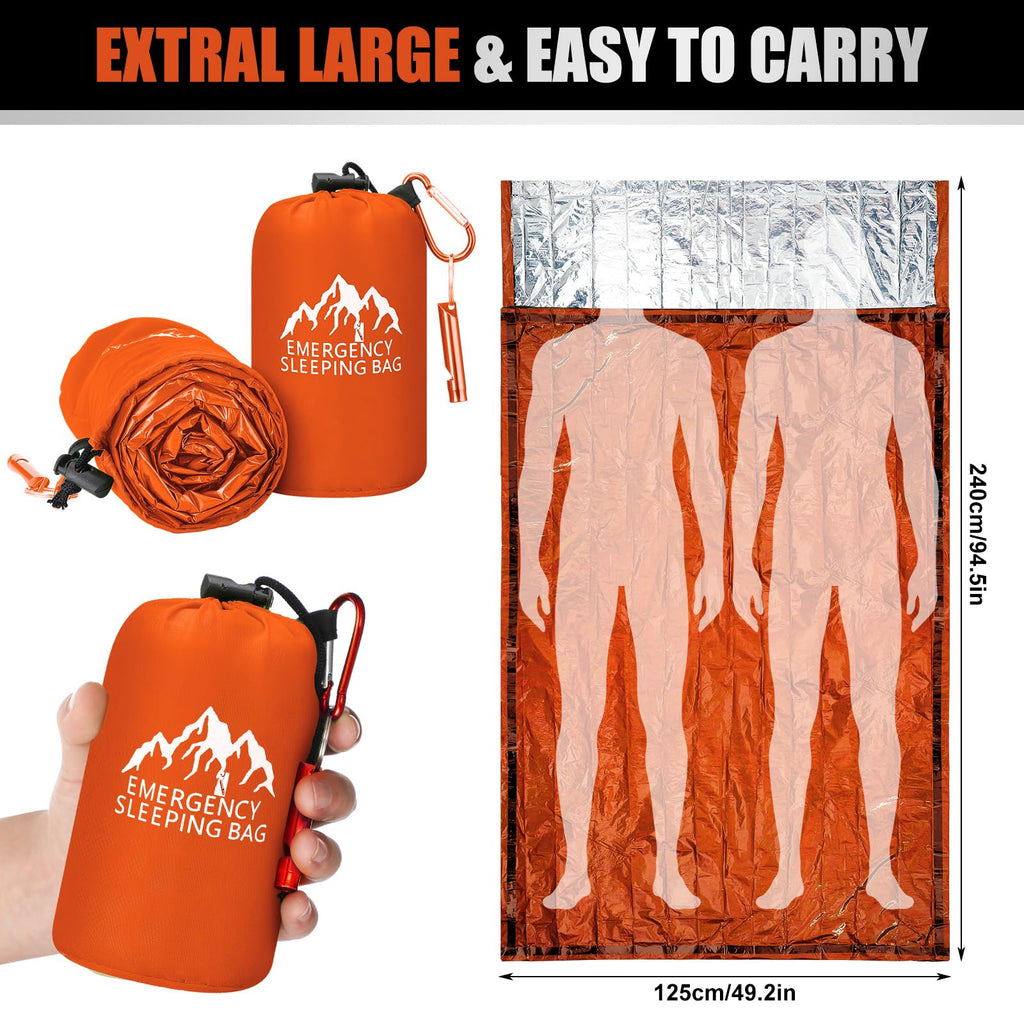 Oudain 6 Pcs XL Emergency Sleeping Bag 94.5" x 49.2" Waterproof Survival Sleeping Bag with Whistle Carabiner Portable Thermal Bivy Sack Emergency Blankets for Camping Hiking Outdoor (Orange)