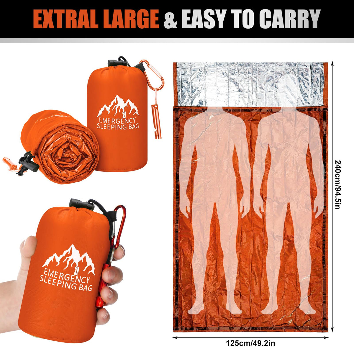 Oudain 6 Pcs XL Emergency Sleeping Bag 94.5" x 49.2" Waterproof Survival Sleeping Bag with Whistle Carabiner Portable Thermal Bivy Sack Emergency Blankets for Camping Hiking Outdoor (Orange)