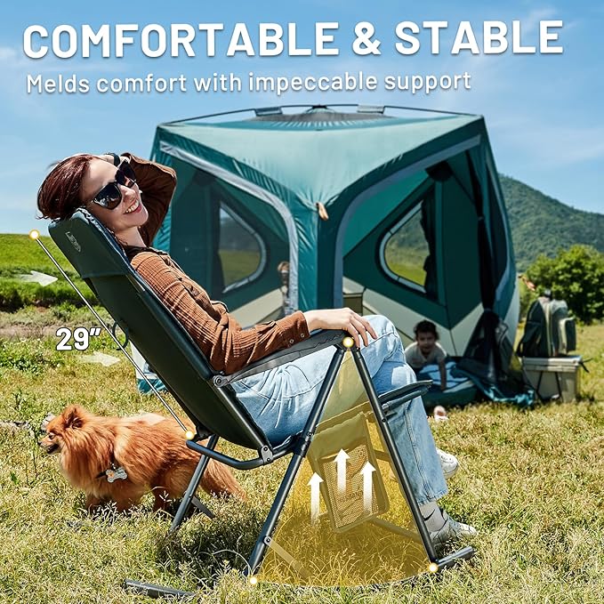 Timber Ridge 3-Level Adjustable Rocking Camping Chair, Ergonomic Padded High Back, Supports 300 LBS, Stable Anti-Tip Rocker, Hard Armrests for Easy Standing, Portable for Patio, Lawn & Tailgating