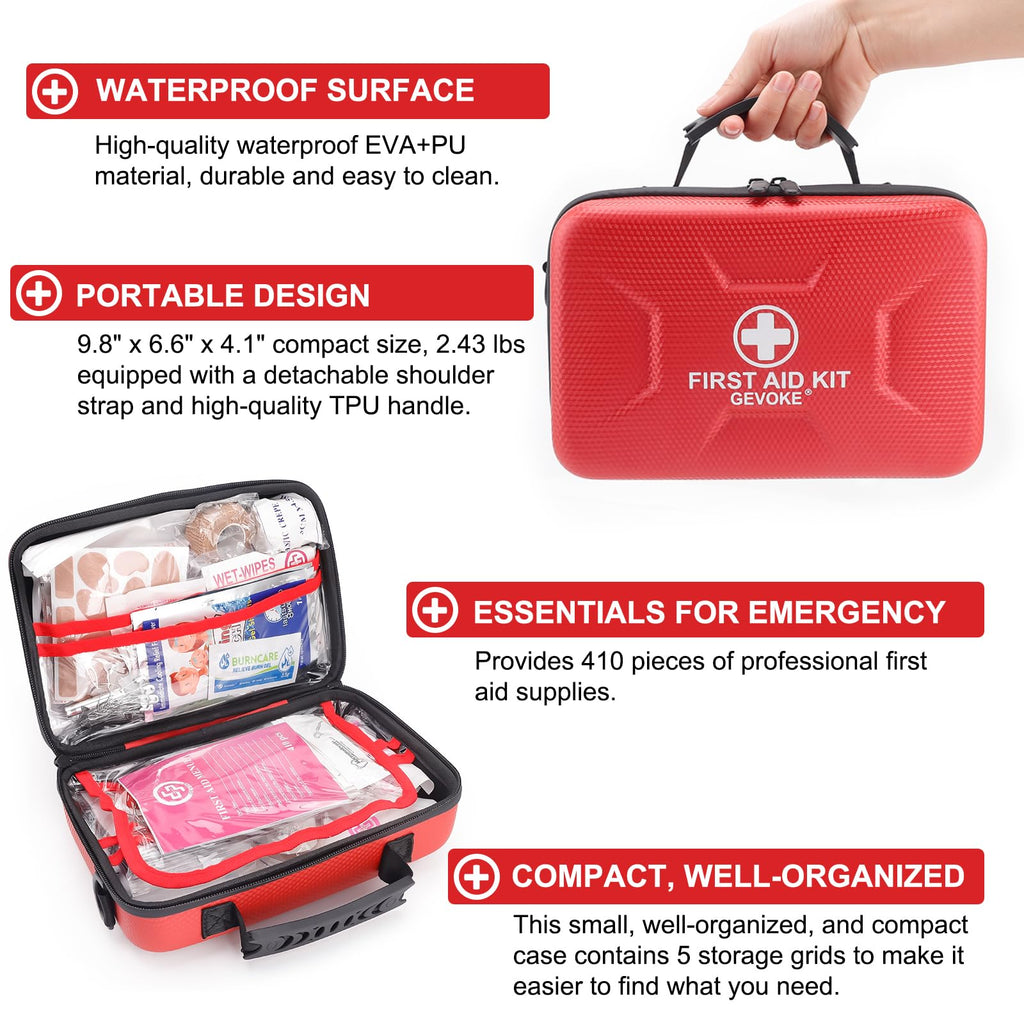Gevoke First Aid Kit - 410 Piece, Waterproof, Red