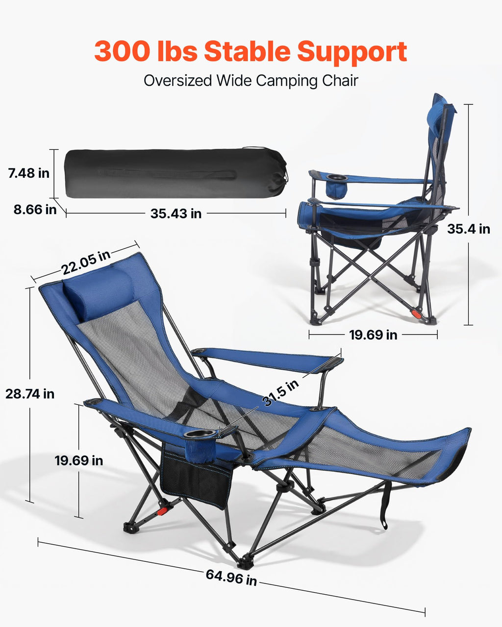 VEVOR 2-in-1 Reclining Camping Chair with Footrest for Adults, 4 Adjustable Positions, Portable Folding Lounger, Lightweight Mesh Beach Chair Supports 300lbs, Heavy Duty Camp Chairs Outdoor, Blue