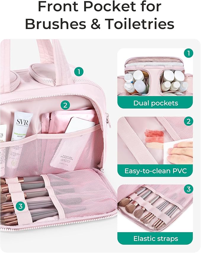 BAGSMART Travel Toiletry Bag, Crush Toiletry Bag for Women, Wide-open Puffy Toiletry Bags for Traveling, Large Travel Cosmetic Makeup Bag Organizer for Accessories,Toiletrie, Pink