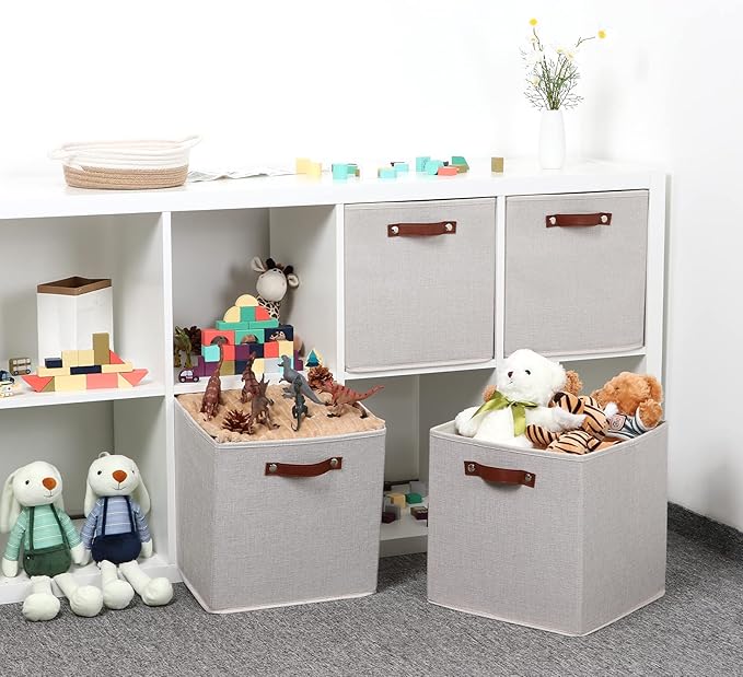 Temary Fabric Storage Cubes Storage Bins with Dual Leather Handles, 4 Pack Cube Baskets 13x13 Foldable Cube Organizers for Shelves, Home, Office, Nursery