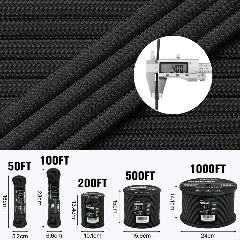 TRIBERION Paracord Rope 750 lb - 1000ft / 500ft / 200ft / 100ft 5/32" Parachute Cord 4MM 12-Strand para Cord - Heavy Duty Spool String for Survival,Camping Gear, Survival Bracelet, Clothesline
