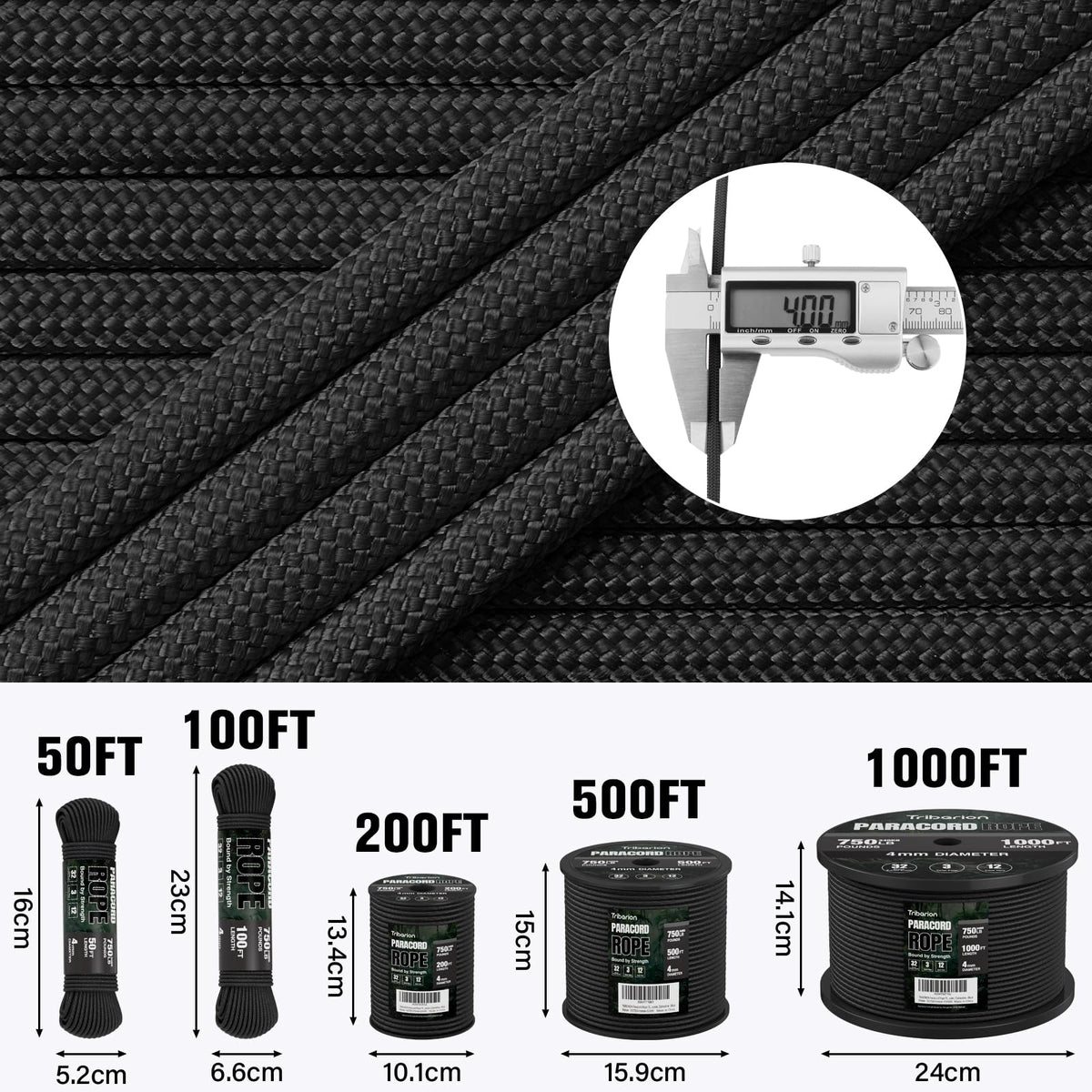 TRIBERION Paracord Rope 750 lb - 1000ft / 500ft / 200ft / 100ft 5/32" Parachute Cord 4MM 12-Strand para Cord - Heavy Duty Spool String for Survival,Camping Gear, Survival Bracelet, Clothesline