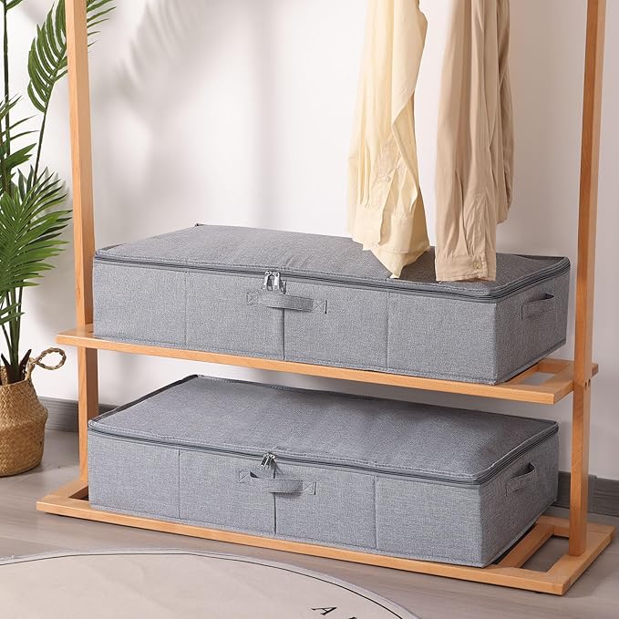 Underbed Storage Organizers, 31.5 x 15.7 x 5.9 Inch Container Bags with Lids and Handles, Storage Boxes for Blanket, Pillows, Shoes, Grey, 2 Pack