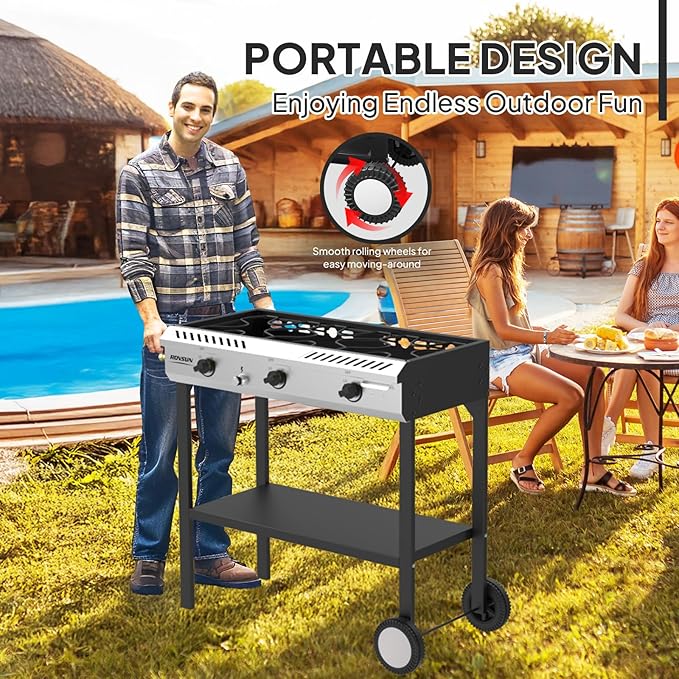 ROVSUN 3 Burner Outdoor Propane Burner with Ignition & Regulator, 225,000 BTU Powerful & Portable Gas Stove Outdoor Stand Cooker for Backyard Patio Cooking Home Camping Brewing Canning Turkey Frying