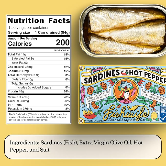 Fishwife Sardine Quad 4-Pack (2x Sardines with Lemon, 2x Sardines with Hot Pepper) | Wild-Caught & Hand-Packed with Spanish Extra Virgin Olive Oil | MSC-Certified Sustainable Seafood, High Protein, Gluten Free, Paleo Friendly, Keto Friendly, Omega-3s