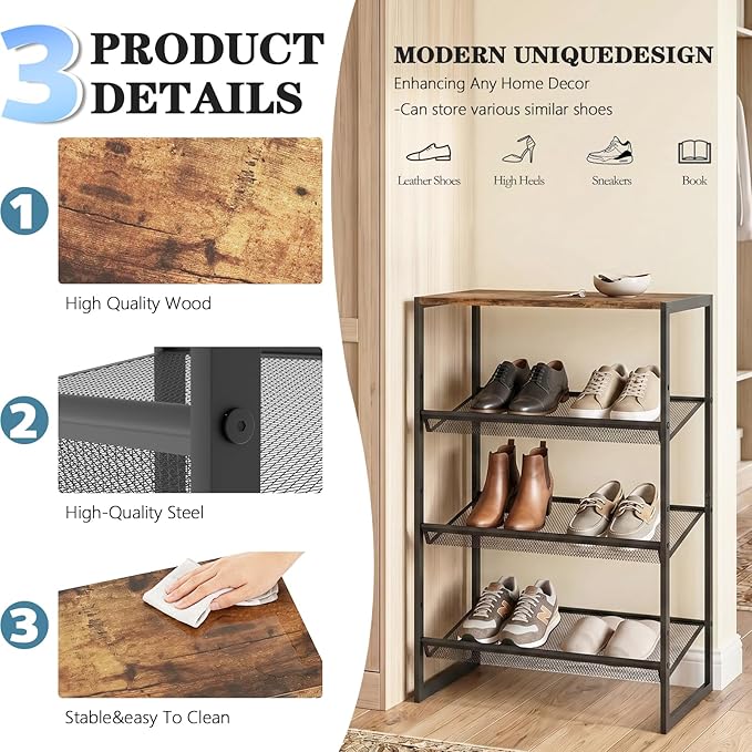 Shoe Rack，4 Tier Shoe Storage Organizer，Sturdy Shoe Shelf,Boot Rack with a Fine Mesh Shelves，for Entryway, Living Room, Hallway，Small Space,11.8 x 16.5 x 27.9 Inches,Brown