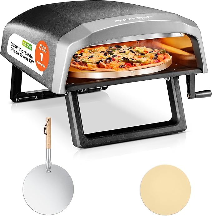 NutriChef Outdoor Pizza Oven with 360° Rotating Pizza Stone | Adjustable Heat Control Dial, Includes Pizza Peel, Stone & Regulator with Hose | Cooks 12" Pizza in 60 seconds | 25.2 x 16.1 x 14 IN