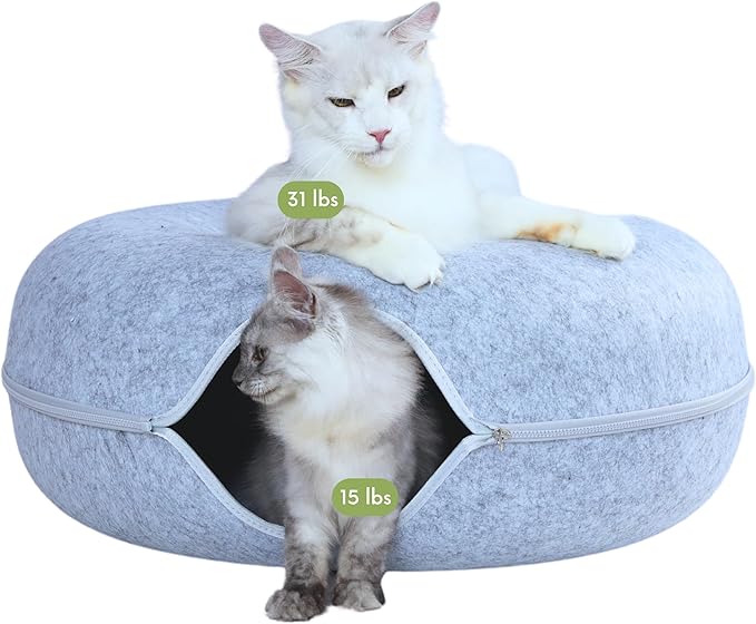 CATTASAURUS Peekaboo Cat Cave for Multiple & Large Cats Up to 30-45 Lbs, Scratch Detachable & Washable Tunnel Bed, Comfy Donut Cat Cave (Light Gray, Jumbo)