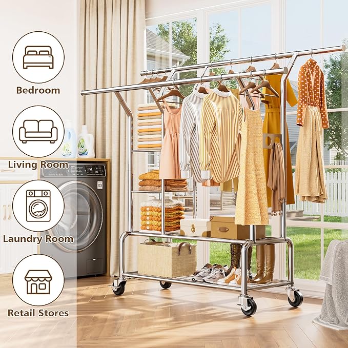 Heavy Duty Clothes Rack - Rolling Clothing Racks for Hanging Clothes Load 630 LBS, Double Rod Metal Garment Rack With Storage Shelf, Portable Wardrobe Racks with Wheels