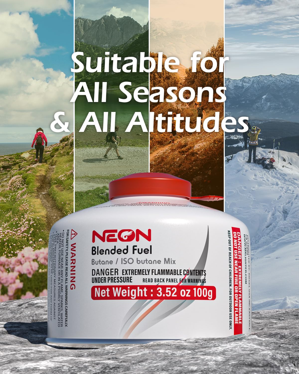 NEON Isobutane Fuel Canister, Portable Camping Gas 100g, Efficient and High Output Butane for Camp Stove, Backpacking, Hiking, Lanterns, Outdoor Cooking, Suitable for All Seasons, 2 Cans