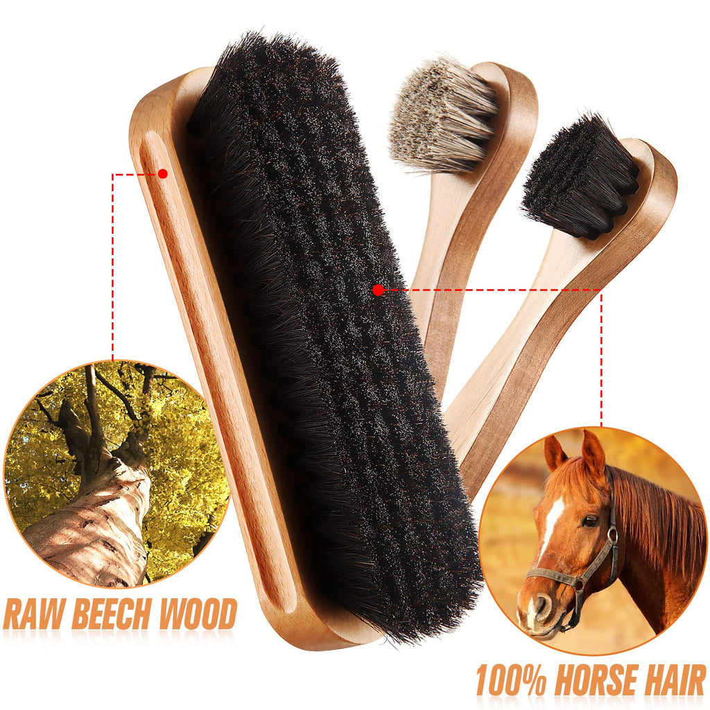 4 Pcs Horsehair Shine Shoes Brush Kit Polish Dauber Applicators Cleaning Leather Shoes Boots Care Brushes Suede Cleaner Brush with Microfiber Shoe Cloth (3 Count)