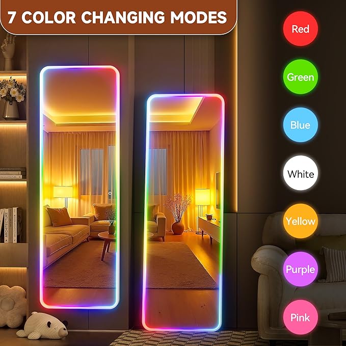 Hasipu 47"x15.7" LED RGB Door Mirror Full Length, Full Body Full Length Over The Door Mirror with Lights, Door Hanging & Wall Mounted Mirror for Bedroom, Living Room, Cloakroom