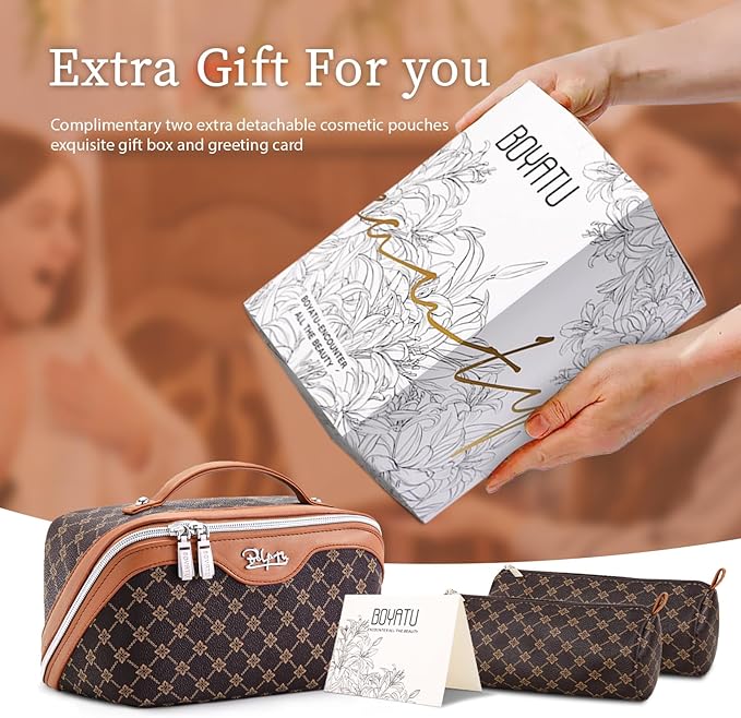 BOYATU Travel Makeup Bag Cosmetic Bags for Women: 3 Pcs Set Large Portable Make up Bag with Handle - Vegan Leather Toiletry Bags with Compartments - Makeup Organizer for Travel Essentials(A-1-Coffee)
