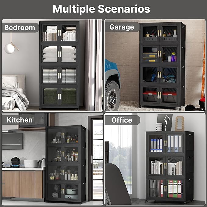UAMFURI Stackable Storage Bins with Lids, Clear Doors, Large Storage Cabinet Foldable Collapsible Closet Organizers for Bedroom Dorm Office (2, Black, 120, Quarts)