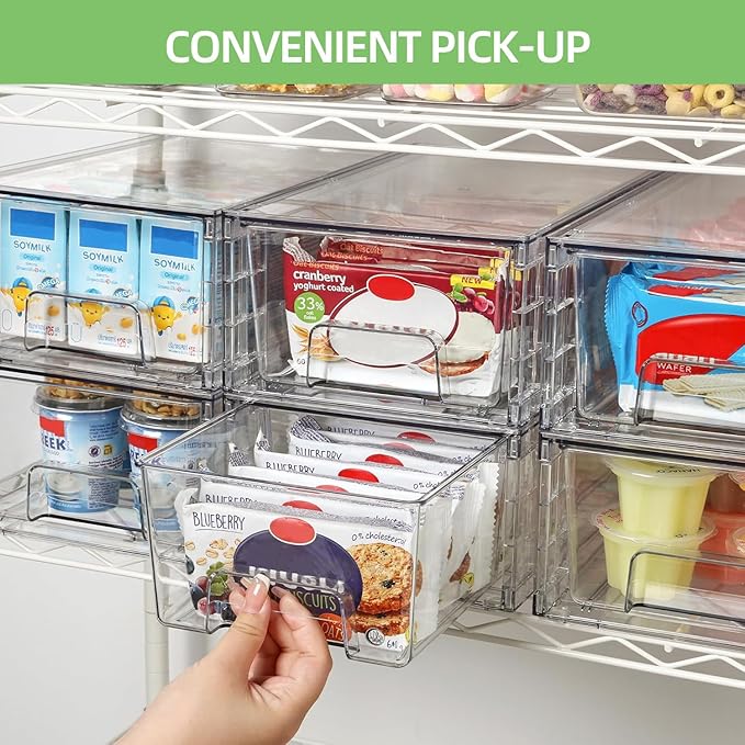 Small Stackable Clear Acrylic Storage Drawers(4 Pack) with Handles,Plastic Organizer Bins for Fridge Bathroom Kitchen Cabinet Pantry Coffee bar Undersink Office Closet Storage Bins