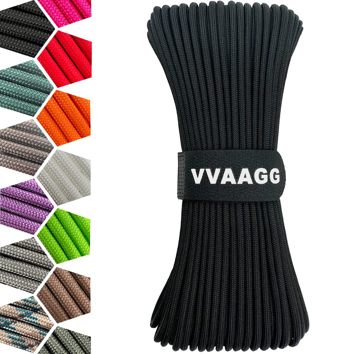 VVAAGG 1000 Black Paracord Rope 100FT Utility Nylon Heavy Duty 12 Strand Parachute Cord for Camping, Tent, Clothsline, Outdoor Hiking, Fishing, Survival Braceletand, Weatherproof Rope (100FT)