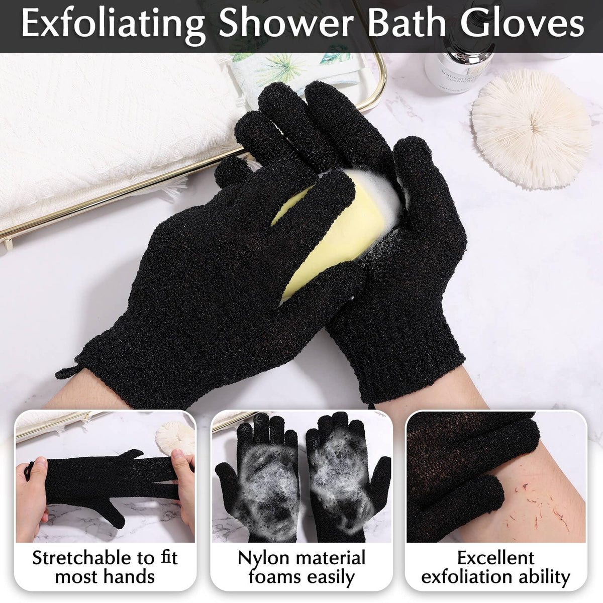 Exfoliating Back Scrubber Bath Gloves Set (3 Count)