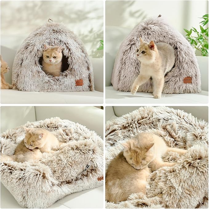CATISM Cat Bed, Cat Cave for Indoor Cats, Soft Cat Dome, Self-Warming 2 in 1 Foldable Pet Cat House with Washable Cushioned Pillow Calming Fluffy Dog Beds for Small Dogs with Anti-Slip Bottom Brown L