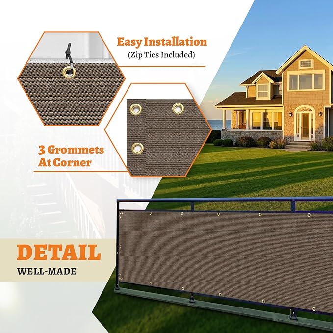 2.5' x 214' Balcony Privacy Screen Fence Cover with Zip Ties Grommets for Apartment Patio Porch Deck Backyard Outdoor (Brown)